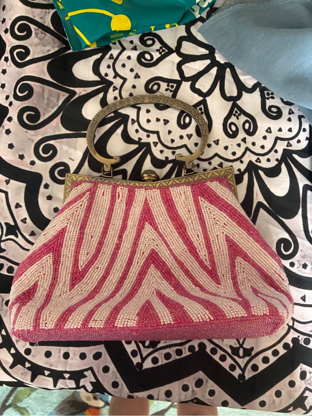 Vintage Beaded Pink Zebra-Pattern Evening Bag